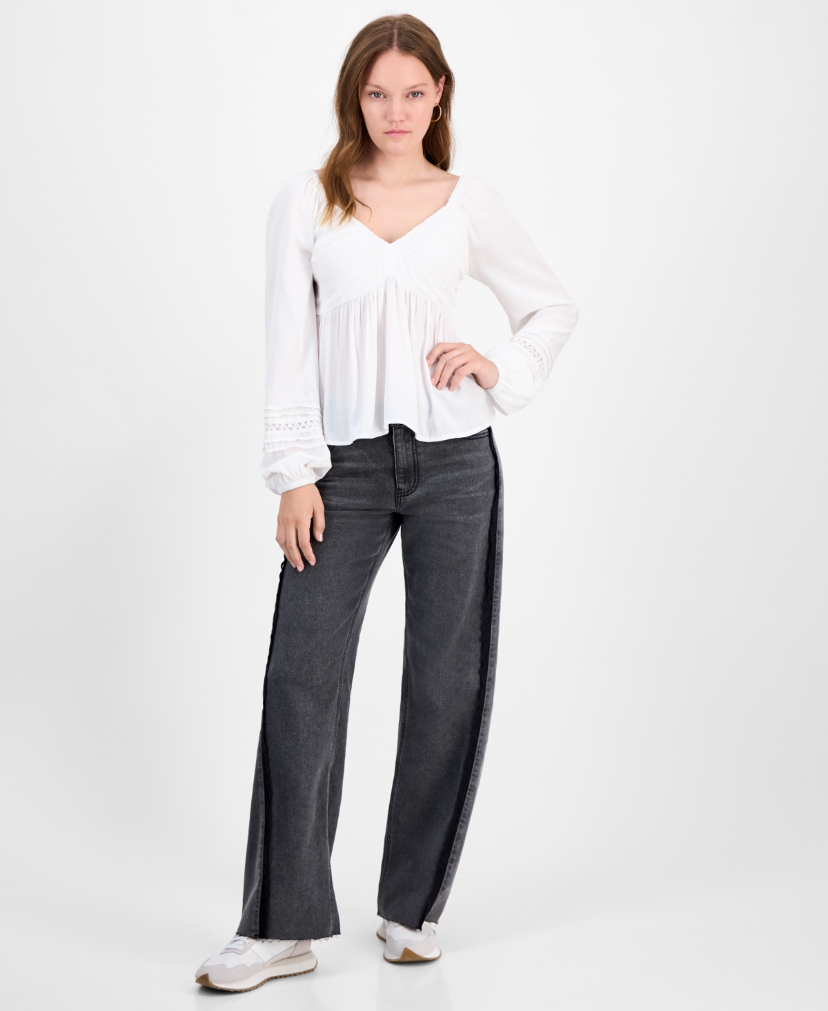 Self Esteem Juniors' Ruched V-neck Lace-inset Blouse In White