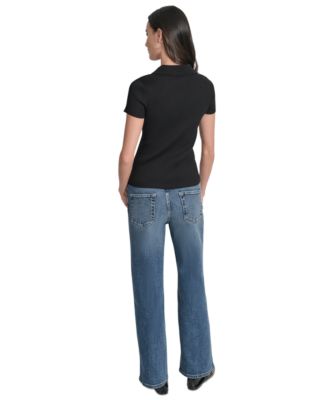 Womens Ribbed V-Neck Polo Sweater