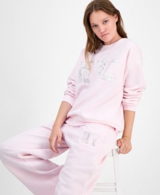 Madden Girl Juniors Fleece Patch Crewneck Sweatshirt Fleece Patch Wide Leg Sweatpants In Pink