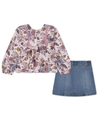 Little Girls 2-Piece Boho Top and Denim Skirt Set