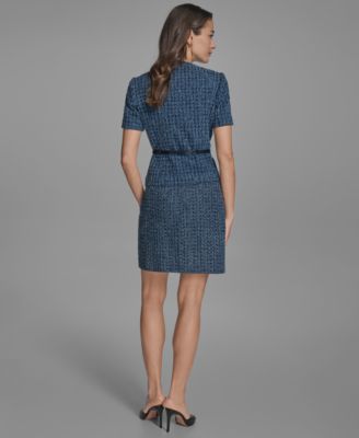 Bcbg Womens Cotton Tweed Belted Short Sleeve Jacket Cotton Tweed Mini Pencil Skirt In Blue
