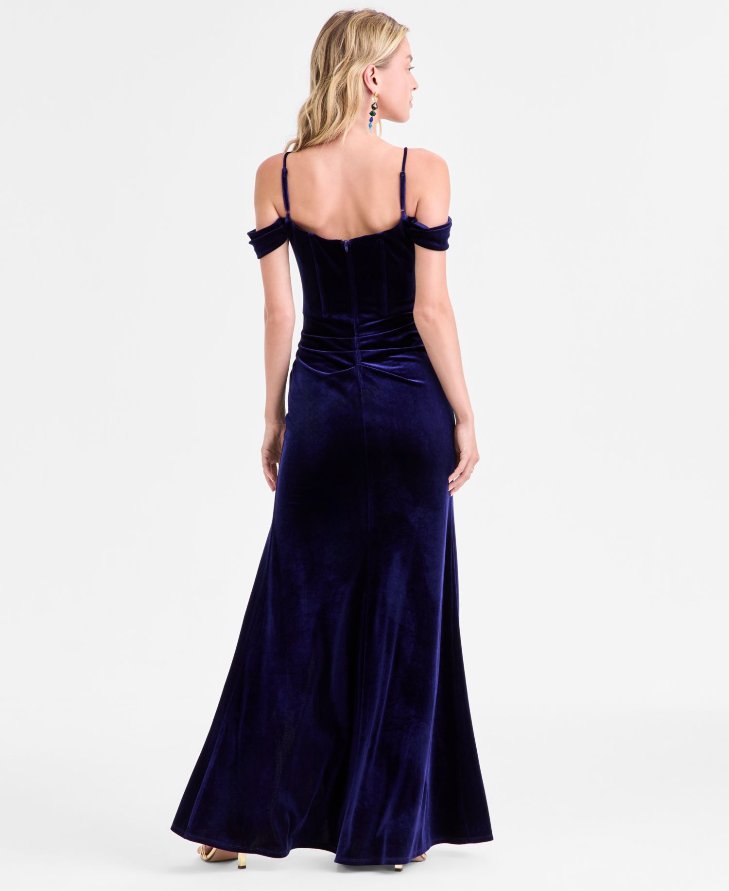 Juniors' Velvet Off-The-Shoulder Gown