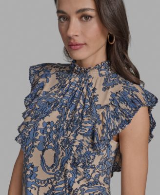 Women's Printed Mock Neck Knit Flutter-Sleeve Top