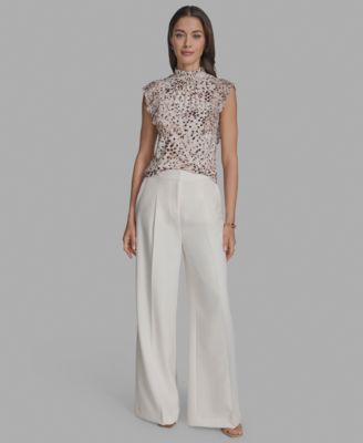 BCBG - Women's Printed Mock Neck Knit Flutter-Sleeve Top