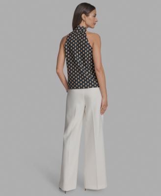 Women's Printed Tie-Neck Sleeveless Blouse