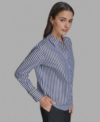 Women's Striped Rhinestone-Cuff Shirt