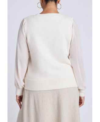 Women's Plus Size Sheer Sleeve V-Neck Sweater