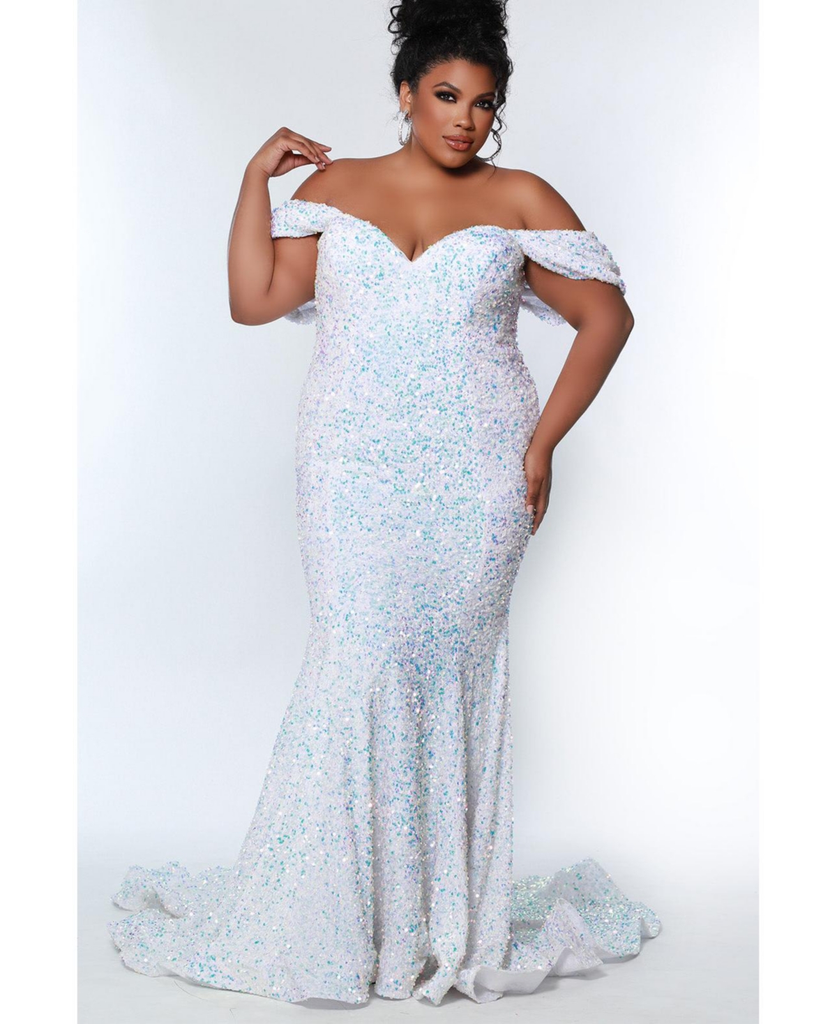 Johnathan Kayne for Sydney's Closet Women's Off the Shoulder Plus Size Sequin Velvet Fitted Formal Gown - Unicorn