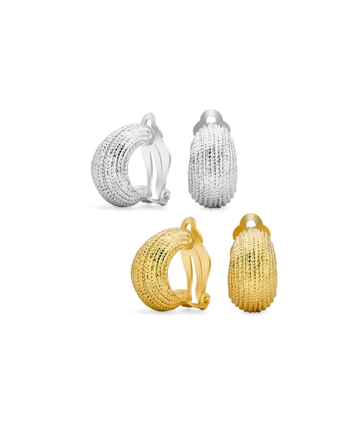 Set of 2 Ribbed Stripe Half Hoop Clip-On Earrings for Non-Pierced Gold Tone - Gold-silver