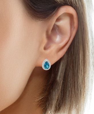 London Blue Topaz (4-1/2 ct. t.w.) & Lab Grown White Topaz (1/10 ct. t.w.) Pear Halo Stud Earrings in Sterling Silver