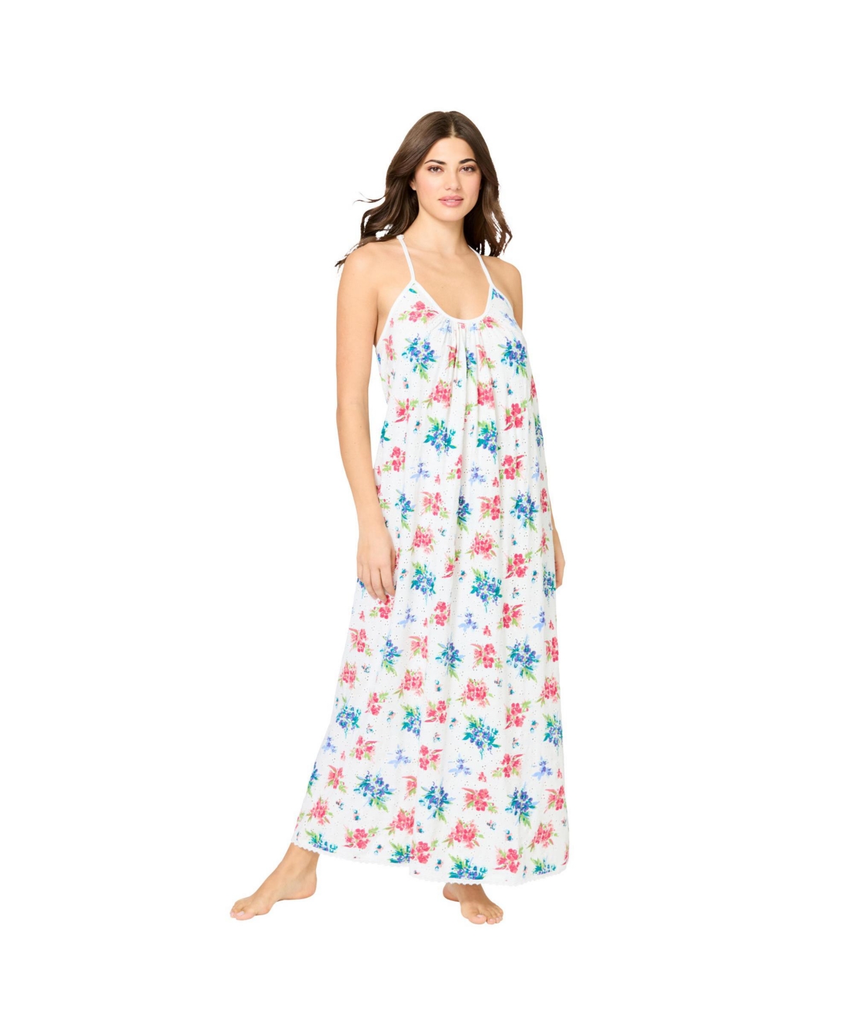 Plus Size Breezy Eyelet Knit Long Nightgown - White floral