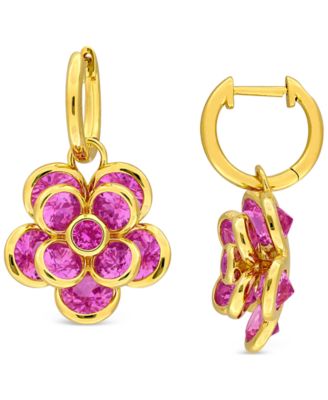 Macy's - Lab Created Pink Sapphire Flower Charm Hoop Earrings (7-1/2 ct. t.w.) in 18k Gold-Flash Over Silver