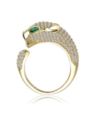 Panther Head with Green & Clear Cubic Zirconia Open Band Ring