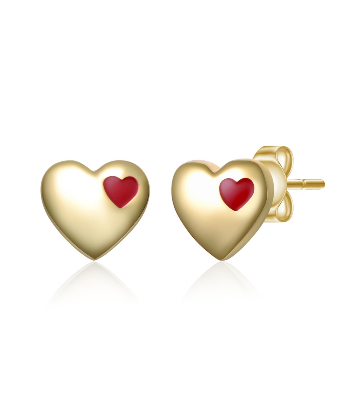 14K Gold Plated with Red Enamel Heart Stud Earrings - Red