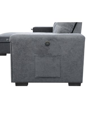 95"W Gray Woven Fabric Reversible Sleeper Sectional Sofa with Storage Chaise Cup Holder Charging Ports and Pockets