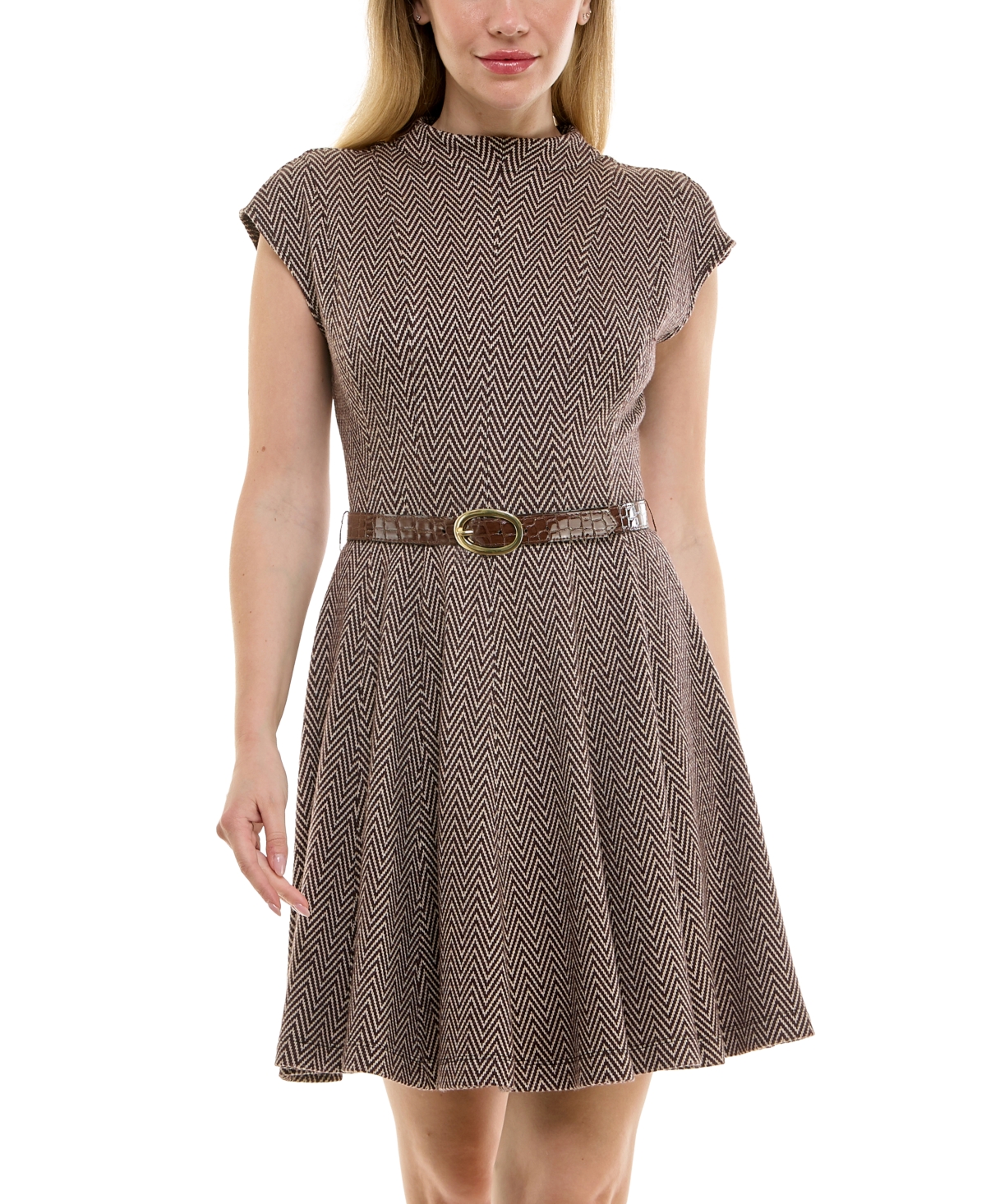 Taylor Petite Jacquard Mock-neck Belted Fit & Flare Dress In Brown