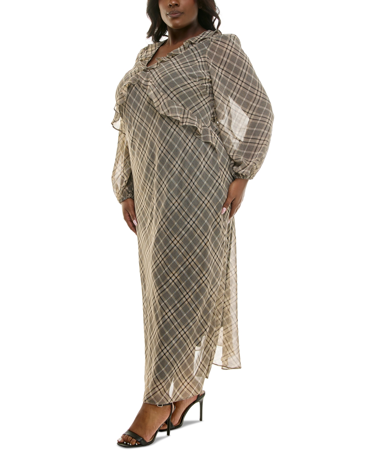 Taylor Plus Size Chiffon Ruffled V-neck Maxi Dress In Gray