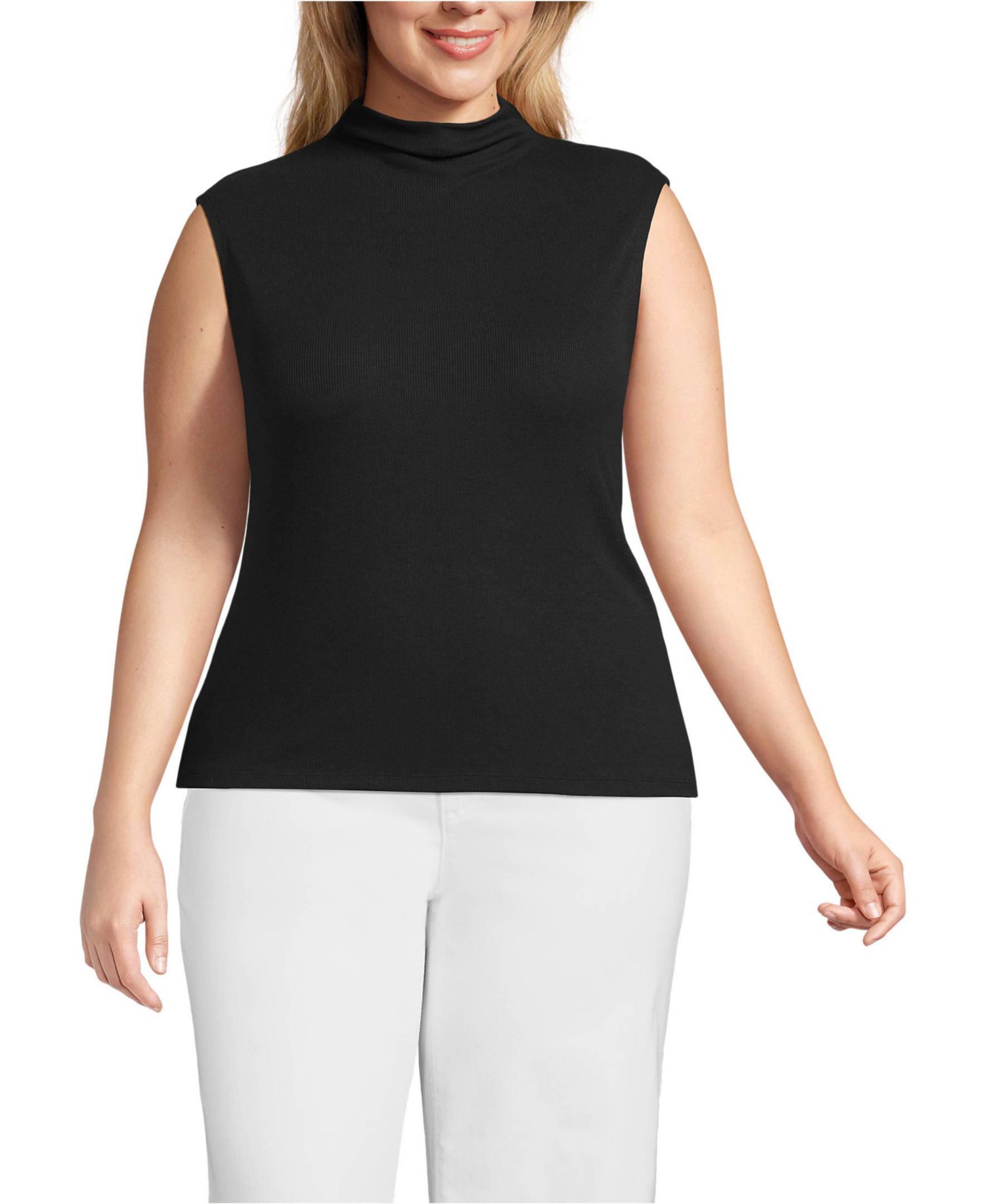 Plus Size Cap Sleeve Drapey Rib Fitted Funnel Neck Tank