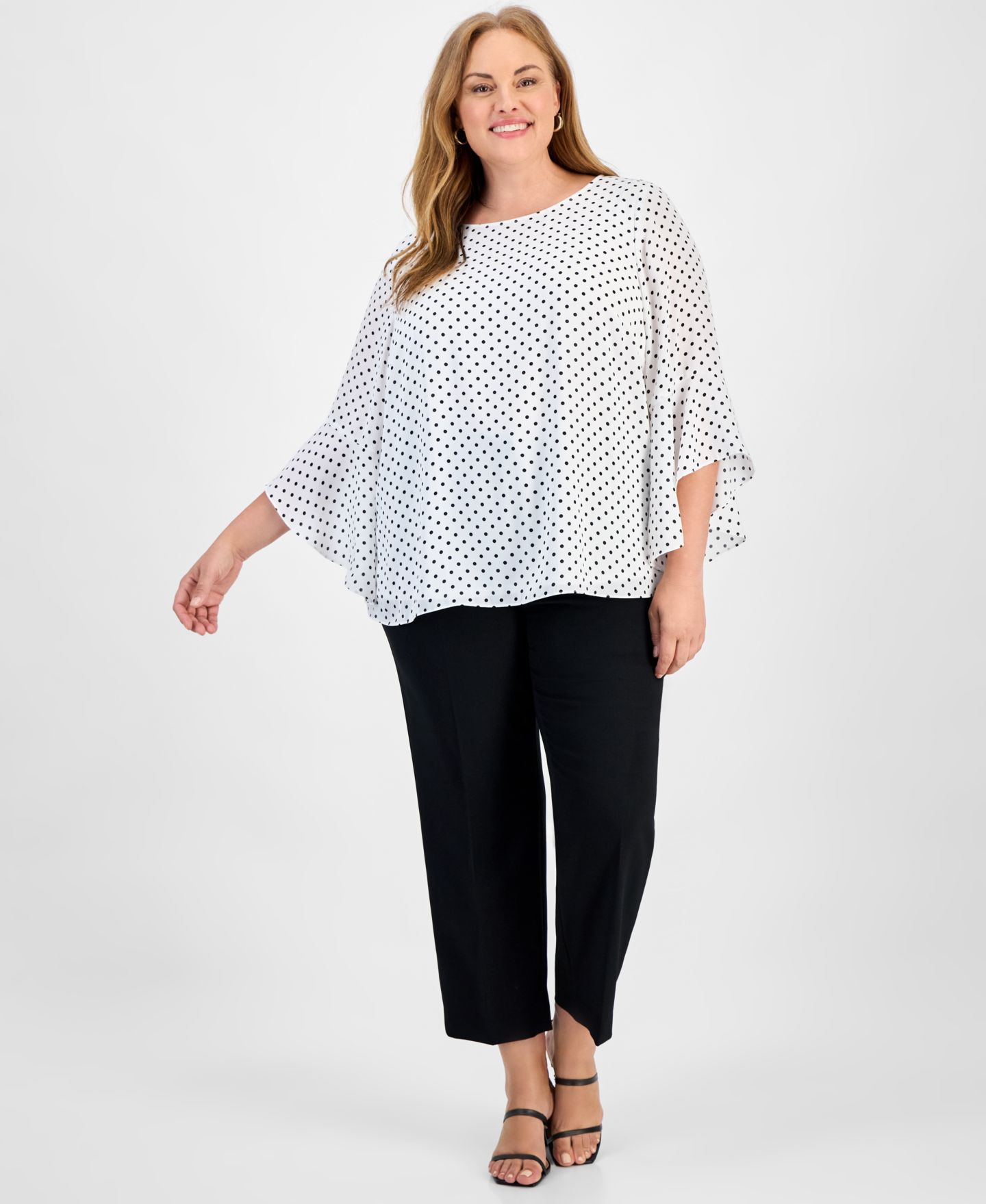 Женская блузка Kasper Plus Size Polka-Dot Ruffle-Sleeve, цвет: Белый / Чёрный — фото 6