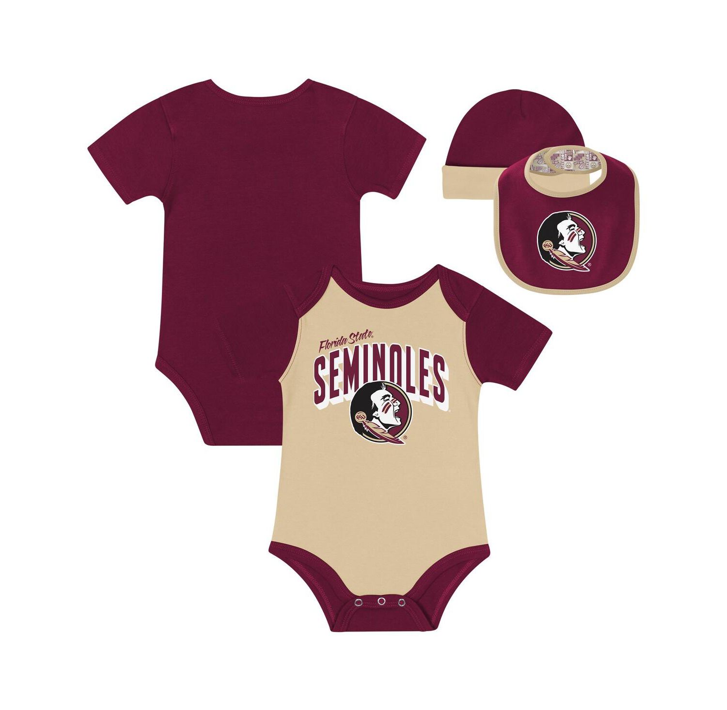 Baby Boys and Girls 3-Piece Florida State Seminoles Dynamic Duo Bodysuit, Bib Cuffed Knit Hat Set