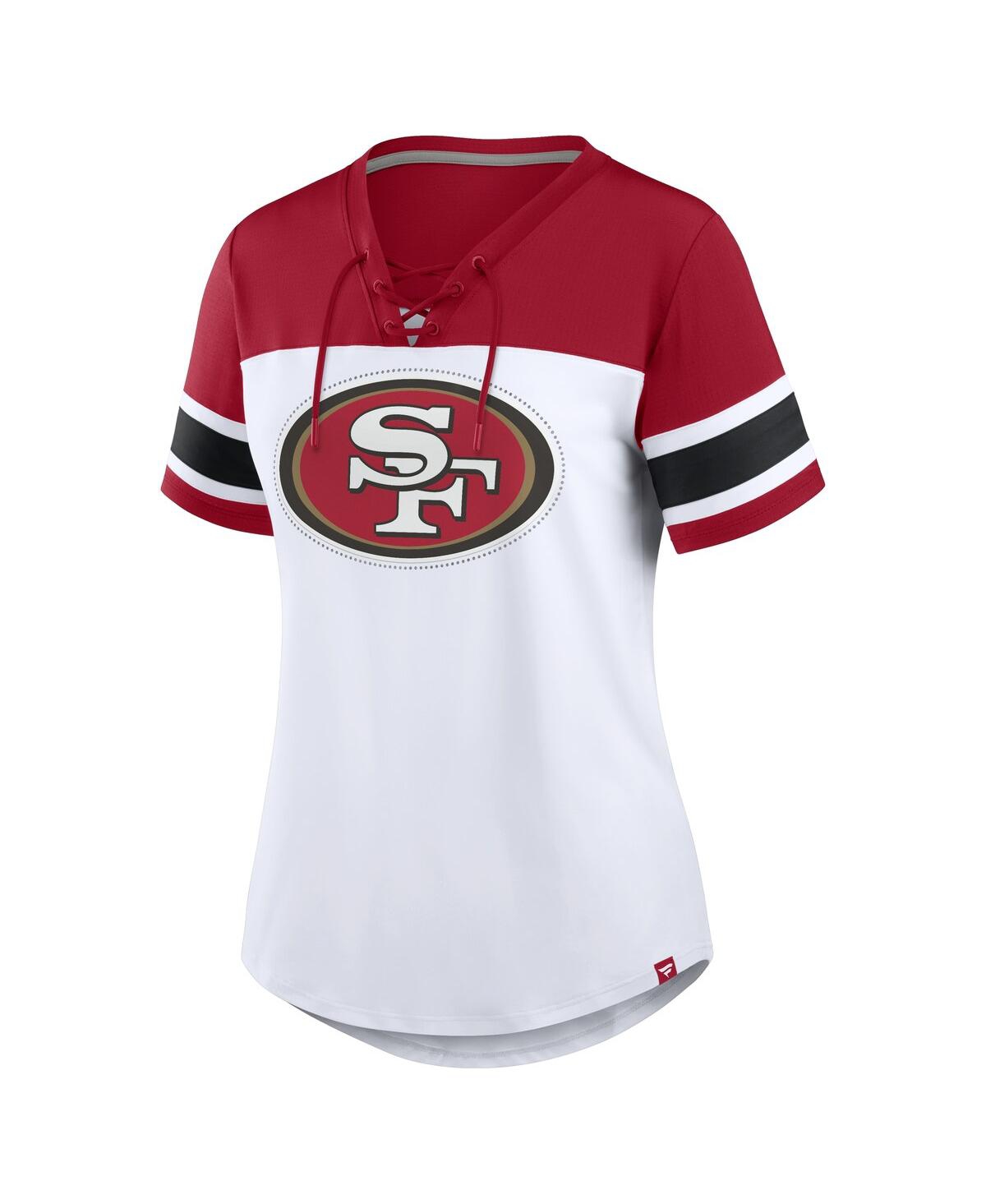 Fanatics Women's White/scarlet San Francisco 49ers Athena Rhinestone Lace-up V-neck T-shirt In Red