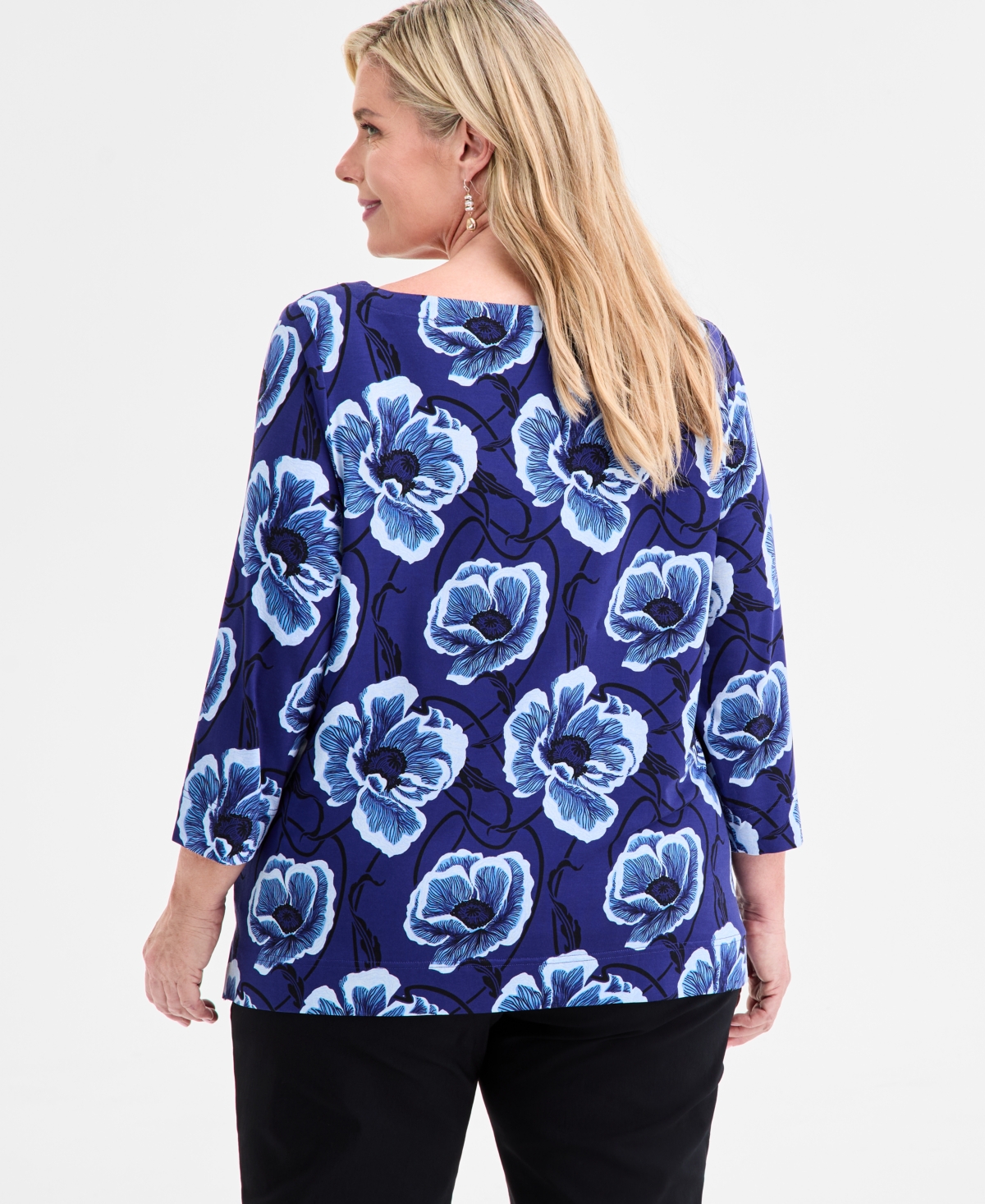 Jm Collection Plus Size Printed 3/4-sleeve Top, Macy's Exclusive In Blue