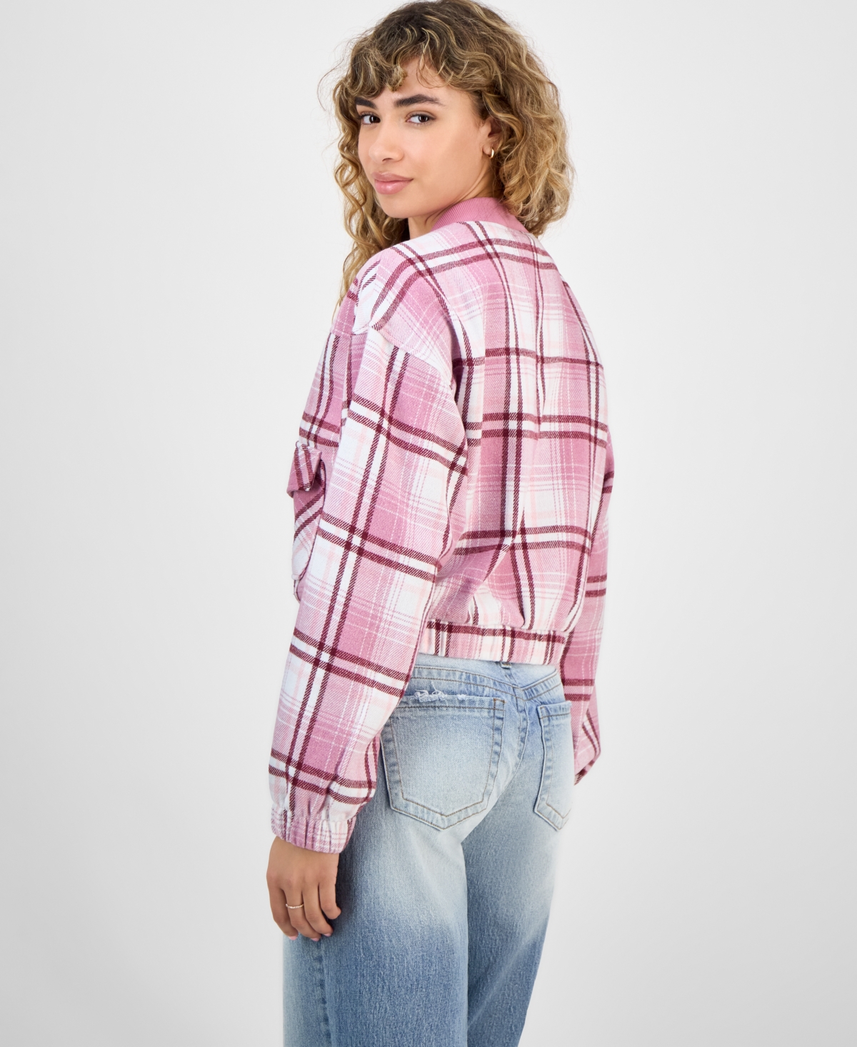 Madden Girl Juniors' Plaid-print Bomber Jacket In Pink