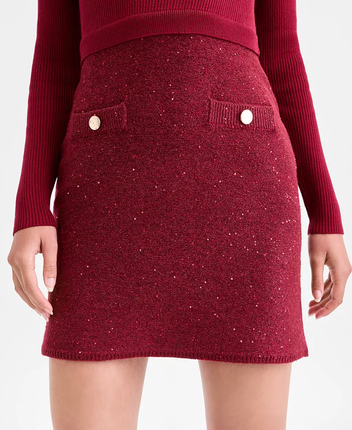 Juniors Sequin Textured Skirt Fitted Sweater Dress - thumbnail 3