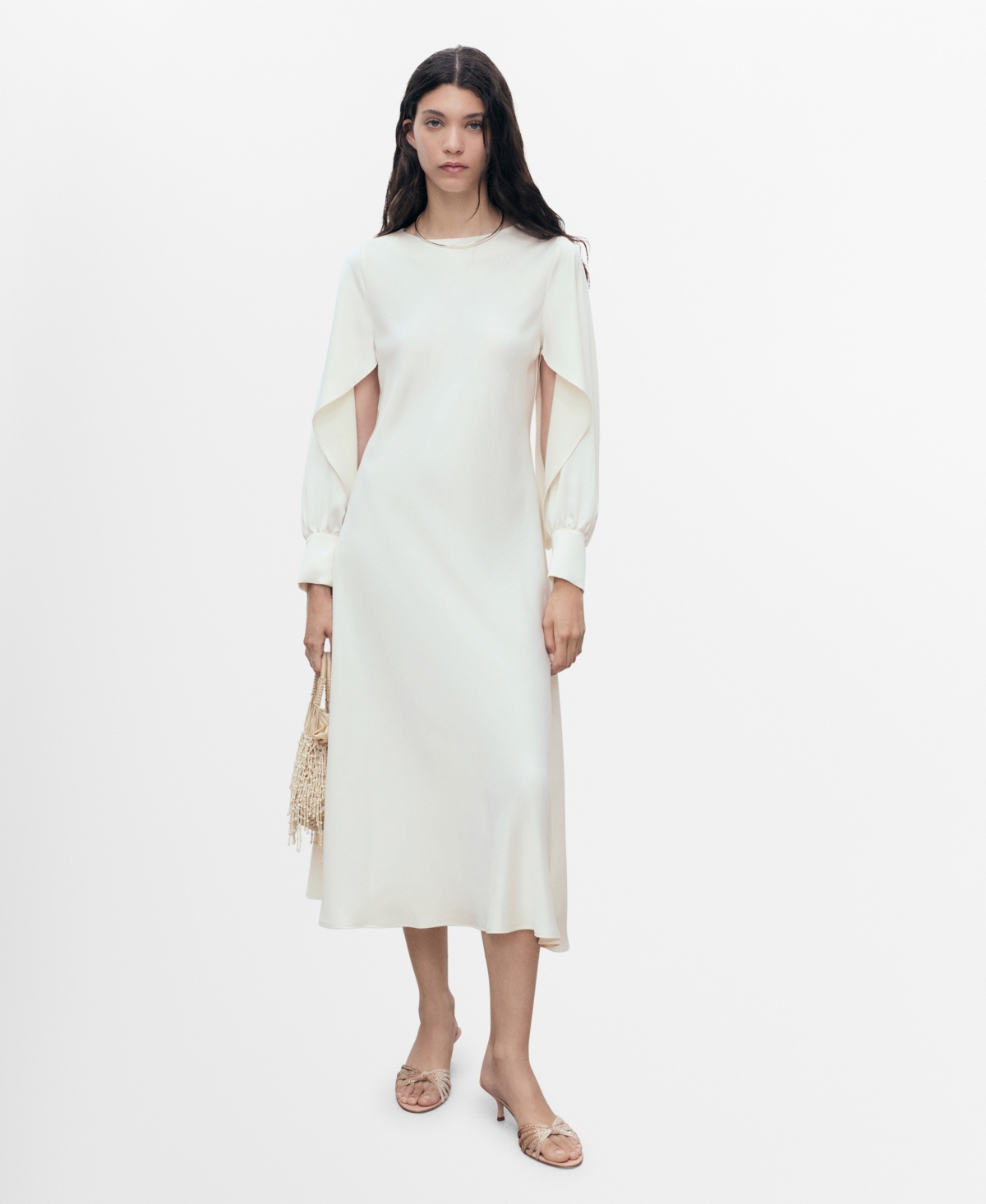 Mango Women's Slit Sleeves Satin Dress In White
