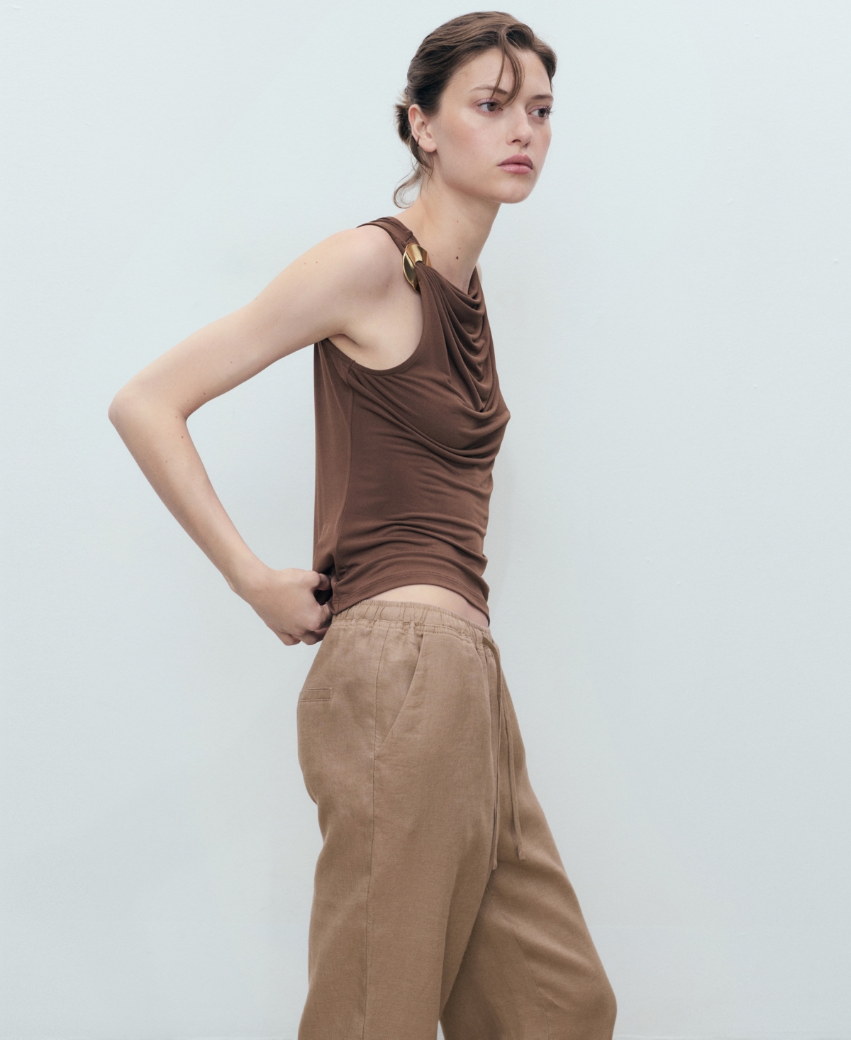Mango Linen Trousers With Drawstring Medium Brown In Brown