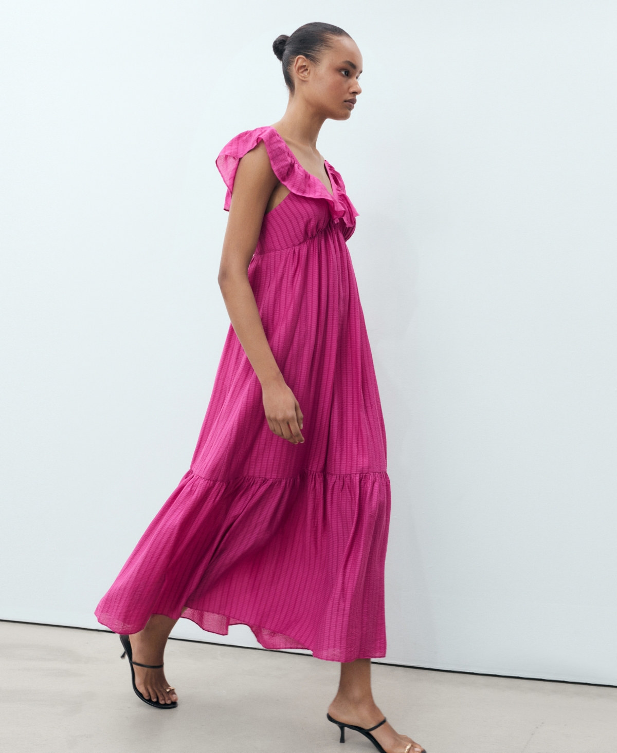 Mango Long Dress With Ruffle Neckline Fuchsia In Multi