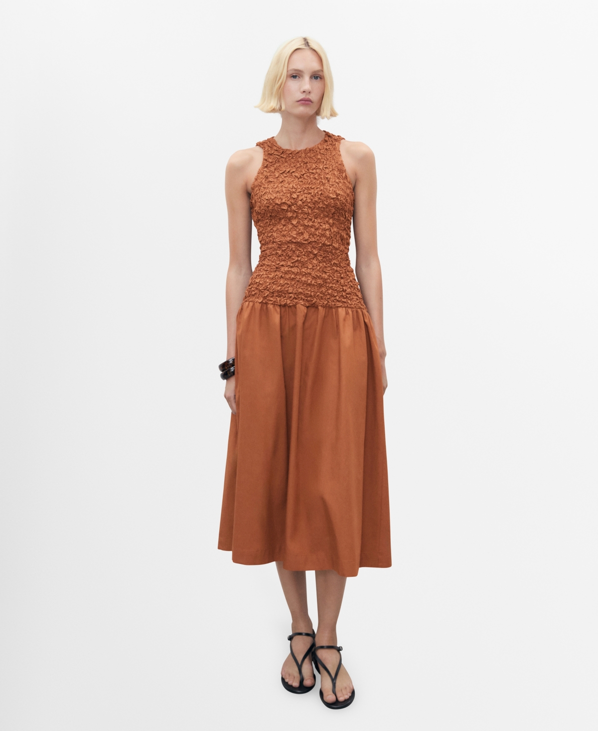 Mango Textured Bodice Open Back Sundress In Brown