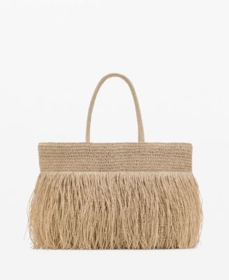 MANGO - Women's Fringes Detail Natural Fiber Shoulder Bag