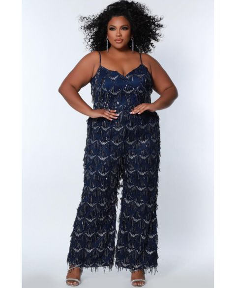 Женский комбинезон Sydney's Closet Spaghetti Strap Sequin fringe Jumpsuit, цвет: Тёмно-синий