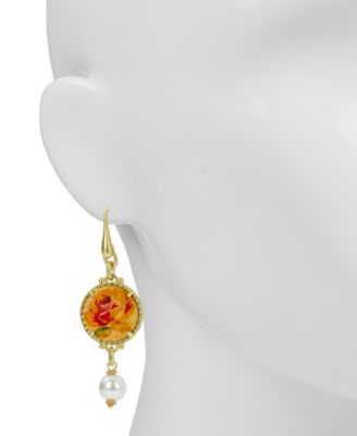 Beaded Floral Gold-Tone Round Drop Earrings