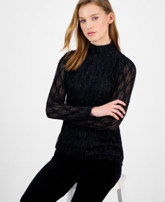 Women's Glitter Long-Sleeve Mock-Neck Top