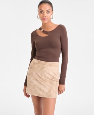 Guess Womens Eleanor Buckle Strap Top Camryn Faux Suede Mini Skirt In Nude