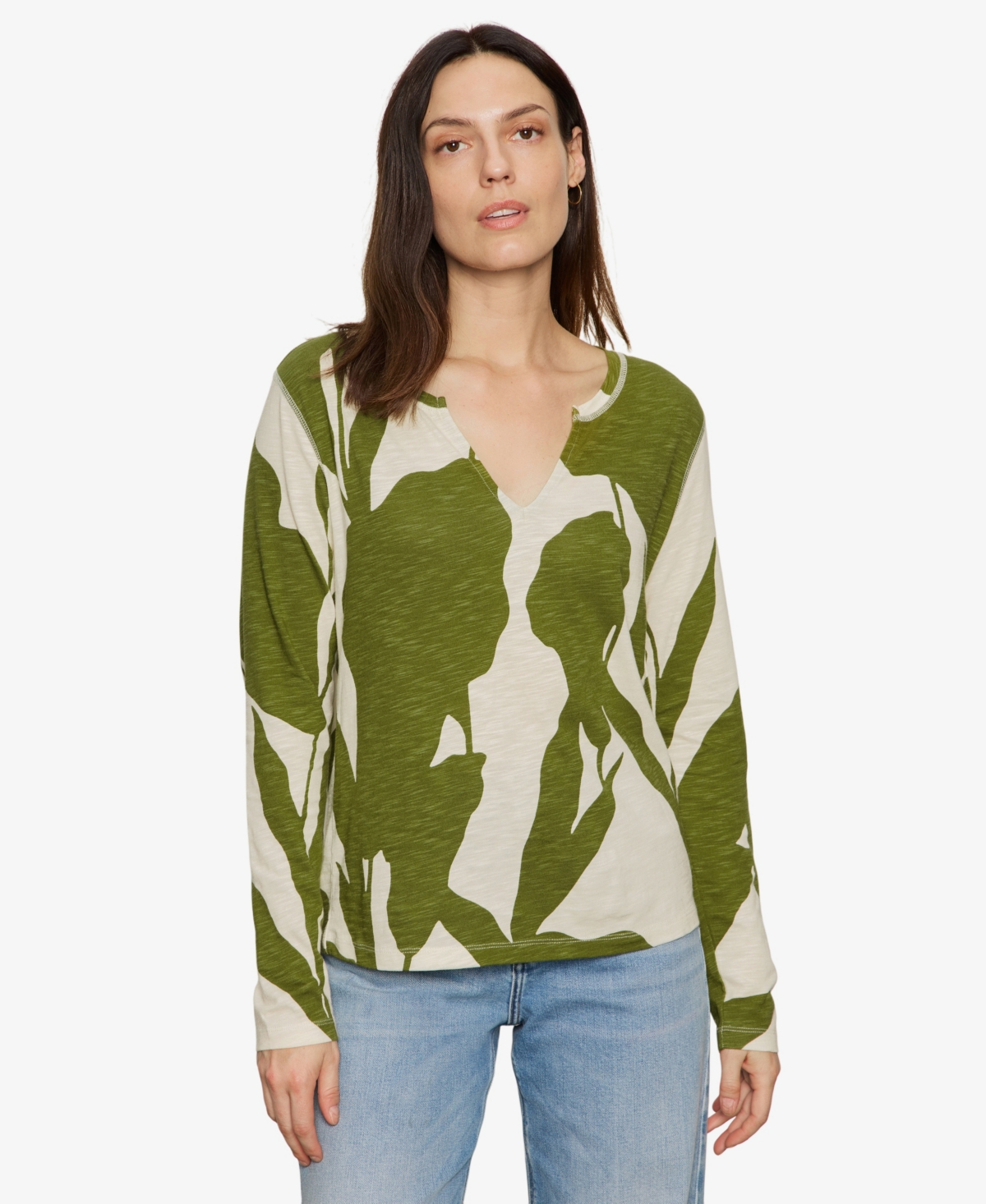 Sanctuary Print Split Neck Knit Top In Green