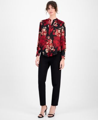 Women's Floral-Print Split-Neck Blouse