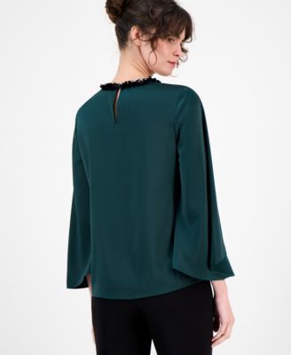 Women's Sequinned-Neck Flutter-Sleeve Top