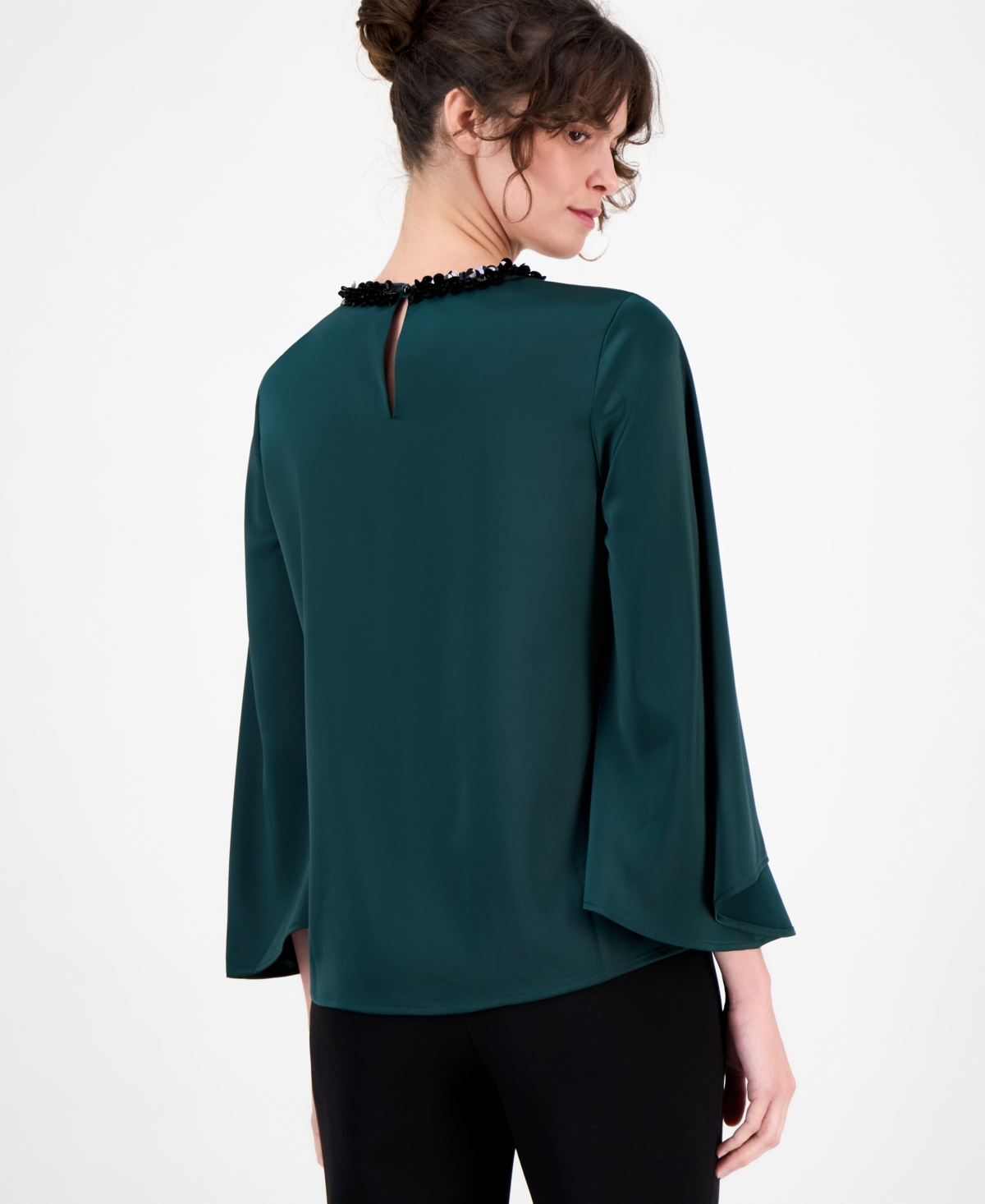 Anne Klein Sequin Accent Flutter Sleeve Satin Top In Green