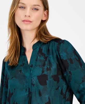 Women's Floral Satin Pleat-Front Blouse