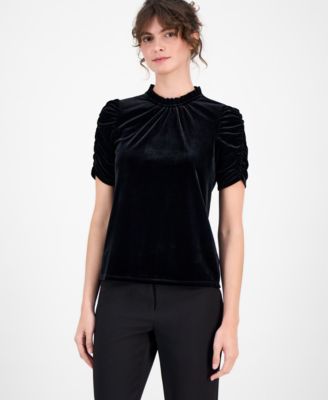 Anne Klein - Women's Velour Ruffle-Neck Short-Sleeve Top
