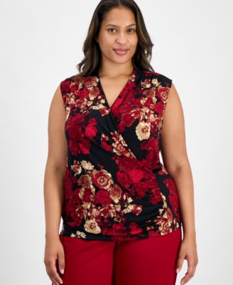 Anne Klein - Plus Size Printed Sleeveless Faux-Wrap Top