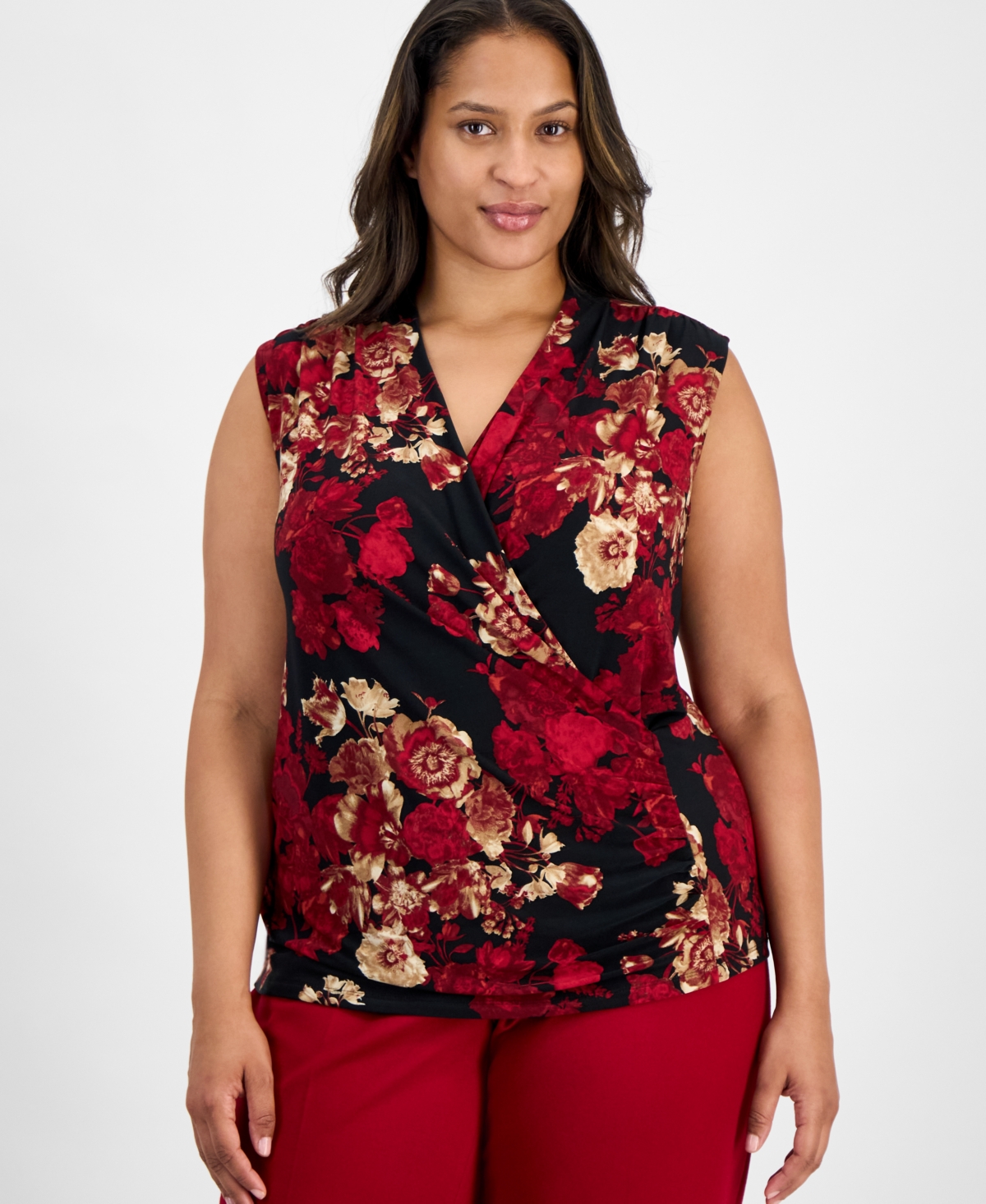Anne Klein Plus Printed Sleeveless Faux-Wrap Top