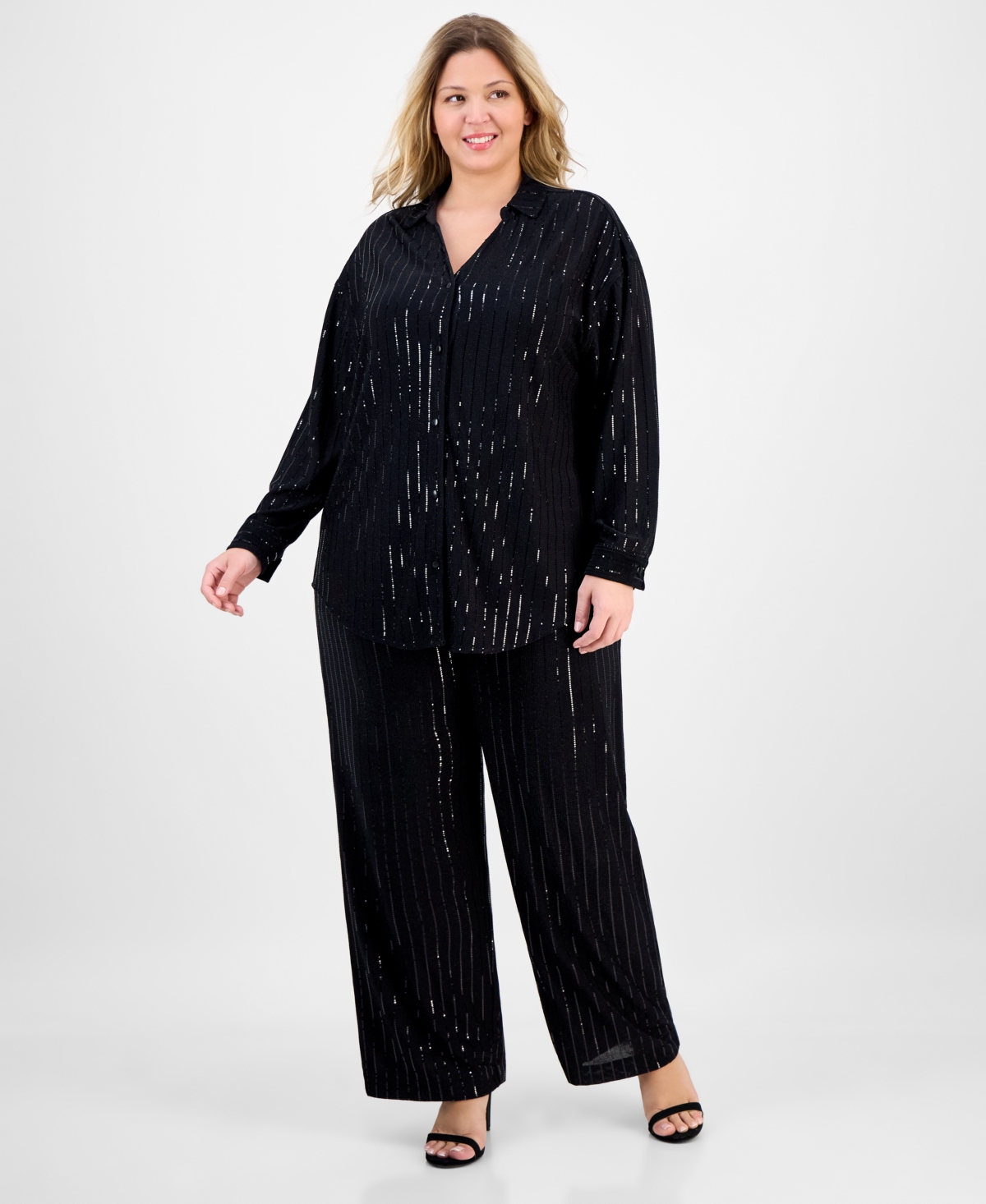 Anne Klein Plus Size Sequin Pinstripe Drop-shoulder Tunic Shirt In Black