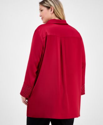 Plus Size Satin-Collar Embellished-Cuff Tunic