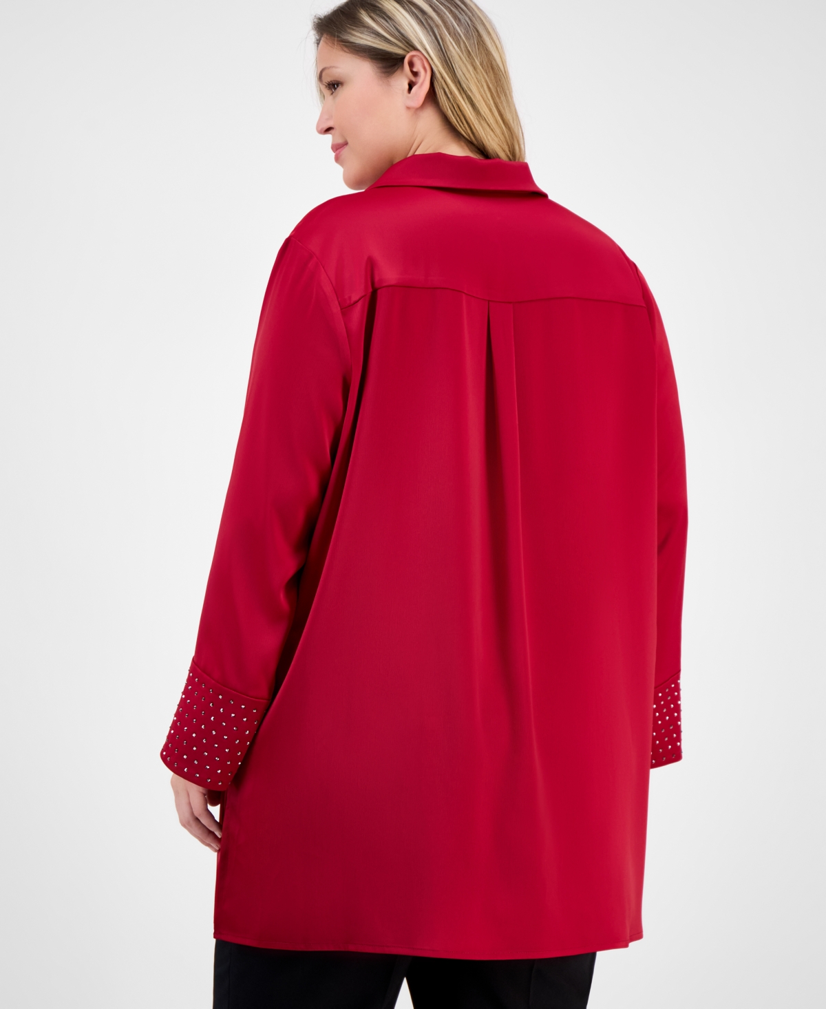 Anne Klein Plus Size Satin-collar Embellished-cuff Tunic In Red
