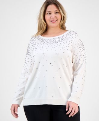 Anne Klein - Plus Size Rhinestone Boat-Neck Long-Sleeve Sweater