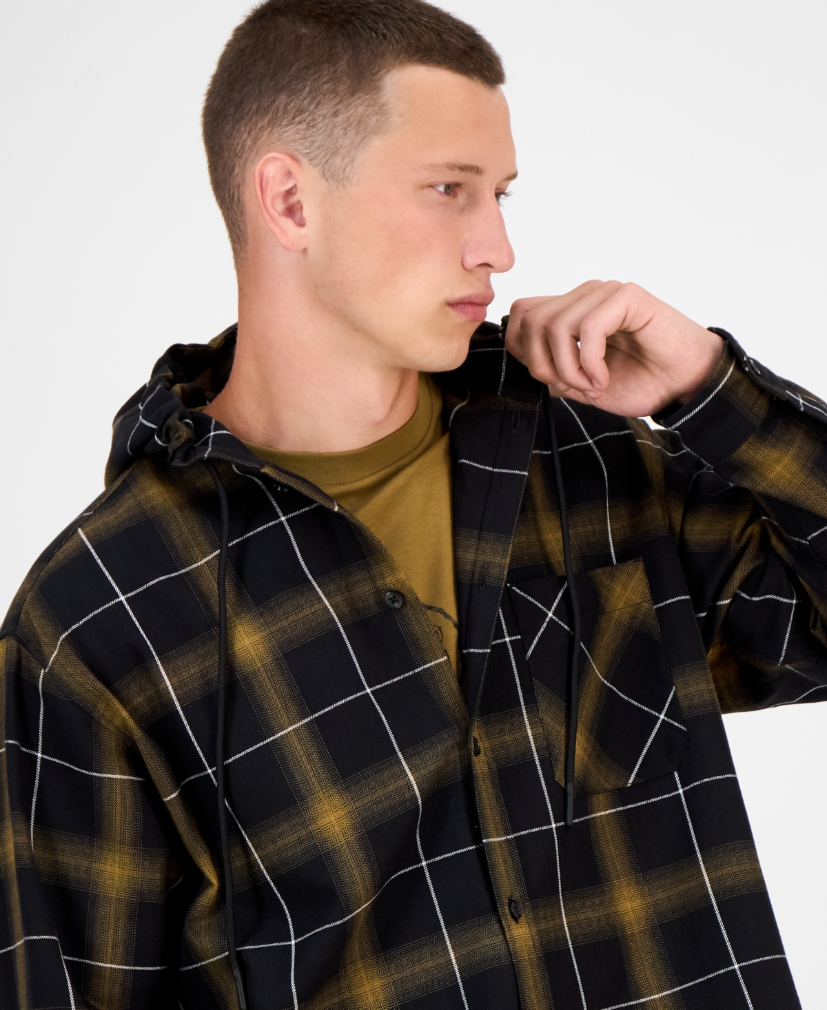 Hugo Boss Hooded Oversize-fit Overshirt In Checked Cotton In Black